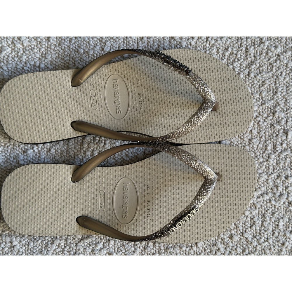 Havaianas Slim Sparkle Sand Grey Gold Glitter Flip Flops Womens Size 6 EUR 37/38